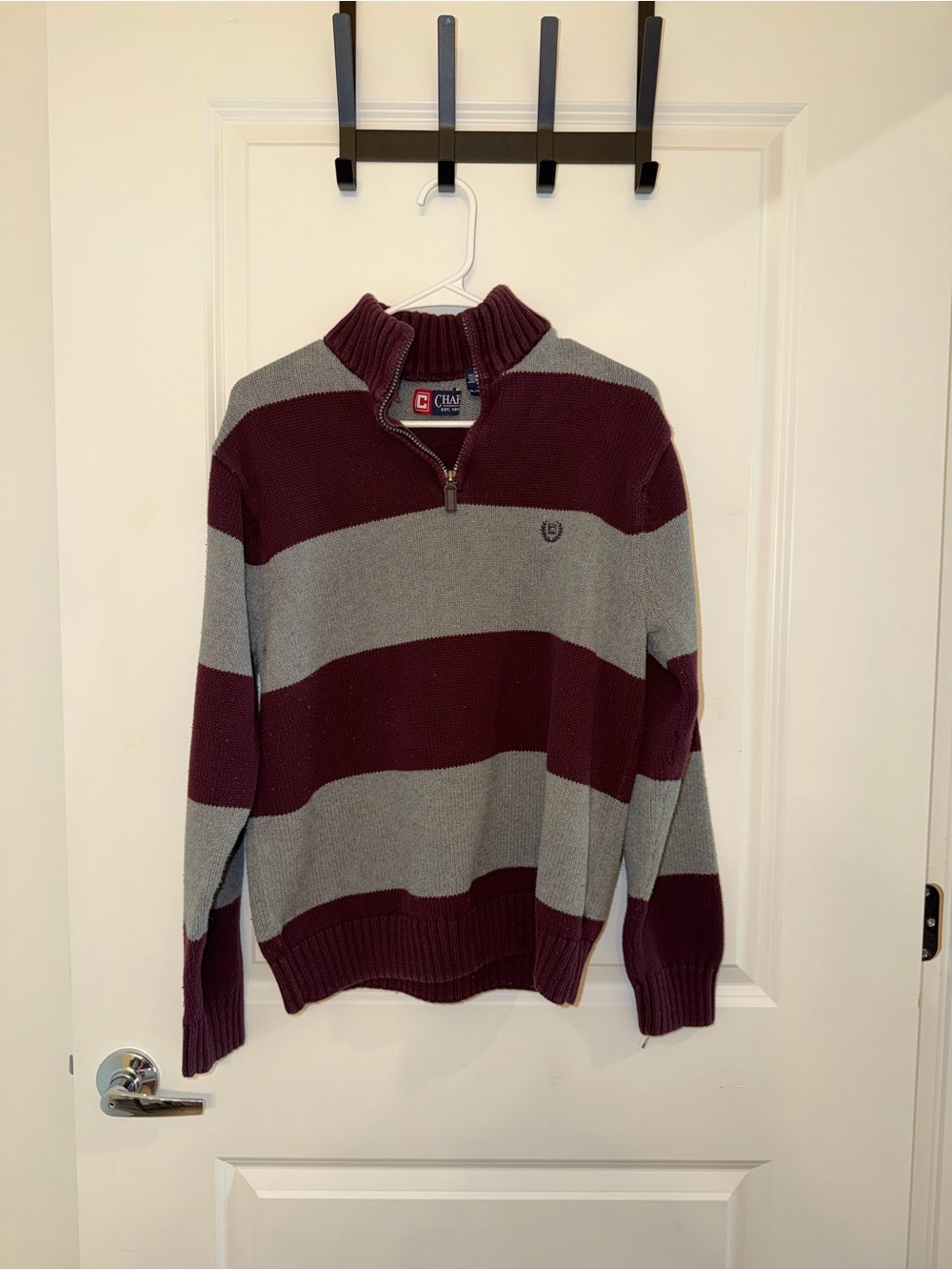 Chaps Burgundy and Gray Quarter-Zip Striped Sweater